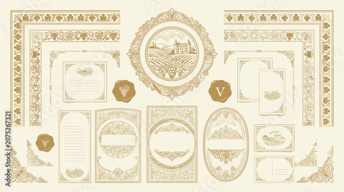 Elegant Vintage Winery Design Elements: Frames, Labels, Borders & Wax Seals