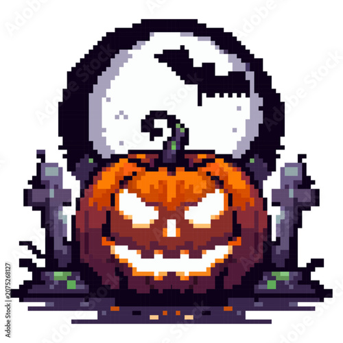 A pumpkin with a spooky face sits in front of gravestones. A large moon with a bat silhouette hangs in the background. This scene captures the spirit of Halloween celebrations