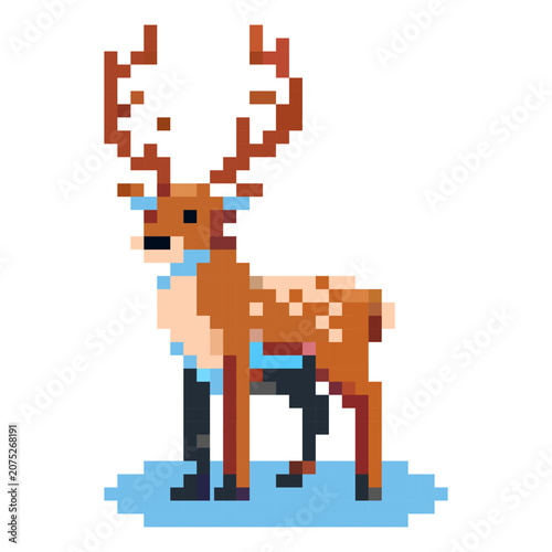 A pixel art representation of a reindeer stands on a blue surface. The reindeer has antlers, a brown body, and appears in a simple artistic style