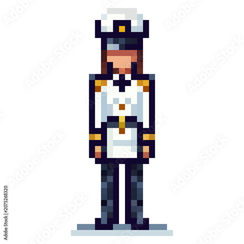 A character in a white uniform stands straight with no background details. The character has a hat and buttons on the uniform. The style is pixel art