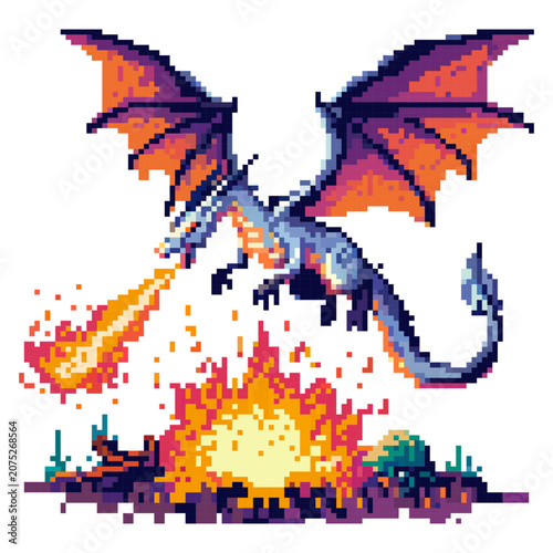 A dragon flies above a campfire sending flames downwards. The scene shows bright colors from the fire and the dragon's wings. It captures a moment from a fantasy game setting