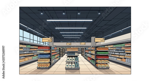 Photos Organized grocery store aisle with symmetrical shelving