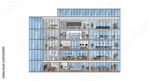 Canvastavla Modern glass office building interior cross section
