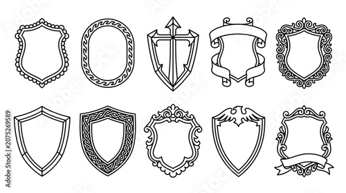 Set of ten vintage hand drawn shield and crest heraldic frames.
