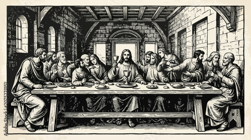 Vintage engraving illustration of The Last Supper featuring Jesus and his disciples.