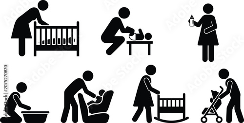 Foto Baby Care and Parenting Black Silhouette Icon Set with Newborn Care Activities a