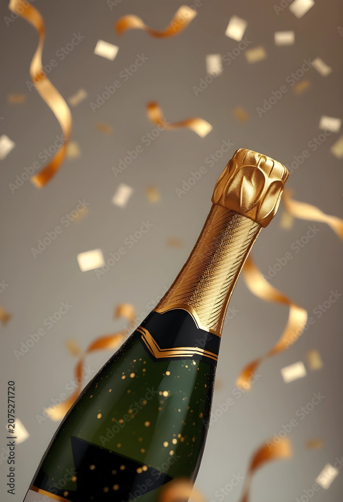Fototapeta premium Champagne bottle with golden confetti celebration