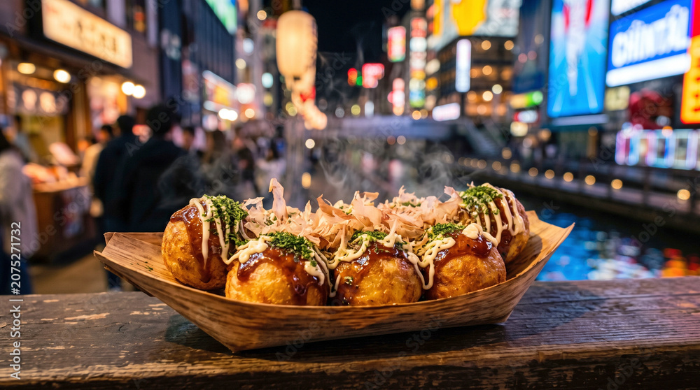 Obraz premium Delicious traditional Japanese Takoyaki octopus balls with rich sauce, served on a wooden boat tray against a beautiful blurred neon night view inspired by Osaka