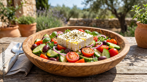 Crisp Mediterranean Greek salad background with feta cheese block cucumbers olives and olive oil
