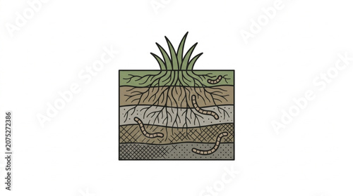 Photos Illustration of plant roots and soil layers with earthworms.
