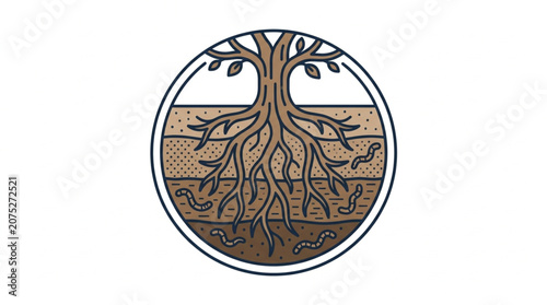 Принти на полотні Circular illustration of a tree with visible roots and soil layers