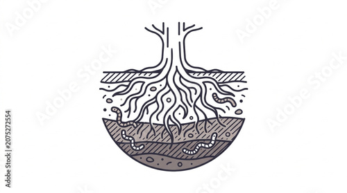 Konstfotografi Illustration of tree roots and soil layers with earthworms.