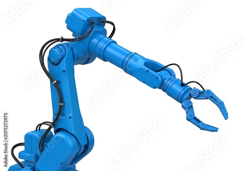 Blue industrial robot arm with a mechanical claw for factory automation and manufacturing
