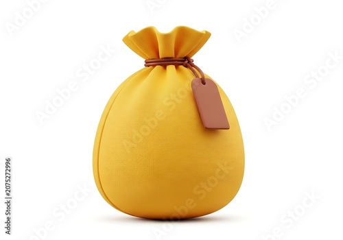 Yellow fabric money bag with a brown leather tag tied at the top for savings and investment