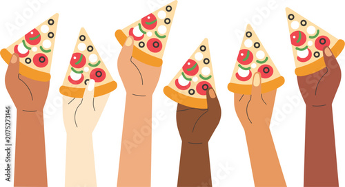 Foto Diverse multiethnic hands holding up fresh pizza slices together, cartoon vector