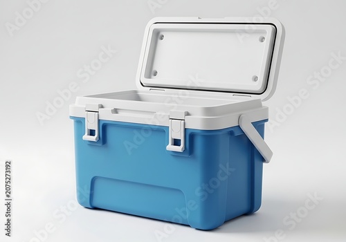 Open blue and white plastic cooler box for keeping food and drinks cold during outdoor camping