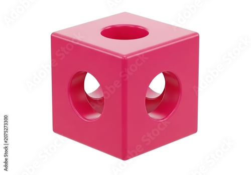 Bright pink plastic toy cube with circular holes for children