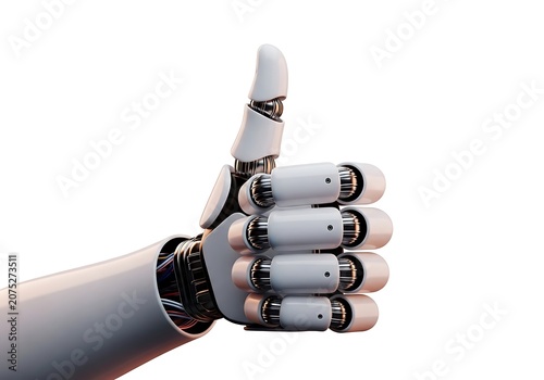 Robotic mechanical hand showing a thumbs up gesture for success and approval