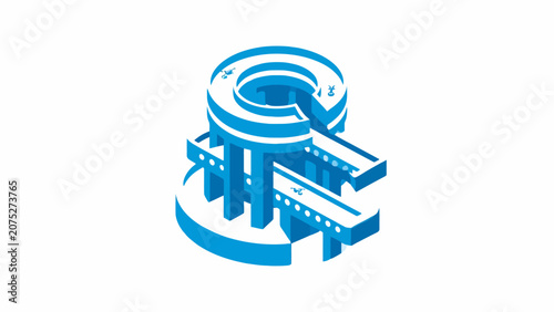 Schilderij op canvas A blue isometric architectural structure with circular and linear geometric elem