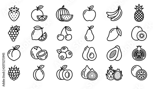 Simple fruit vector line icon set with strawberry orange and watermelon symbols