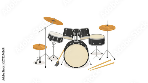 Modern drum set with cymbals and drumsticks isolated on clean background Vector