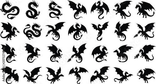 Φωτογραφία Black dragon silhouettes, various poses, on white background, dragons mythical c
