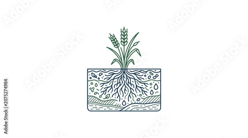 Fotografie Wheat plant with extensive root system in soil cross section illustration