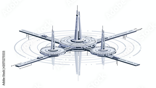 Fotografía A futuristic architectural complex with tall towers and circular platforms