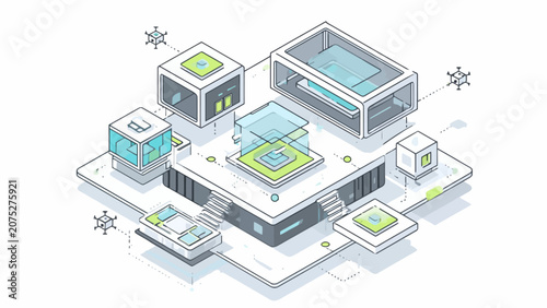 An isometric illustration of a futuristic modular building complex on a white background
