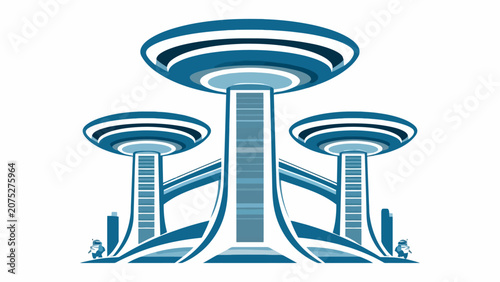 Obraz na płótnie A stylized illustration of three futuristic towers with circular platforms on to