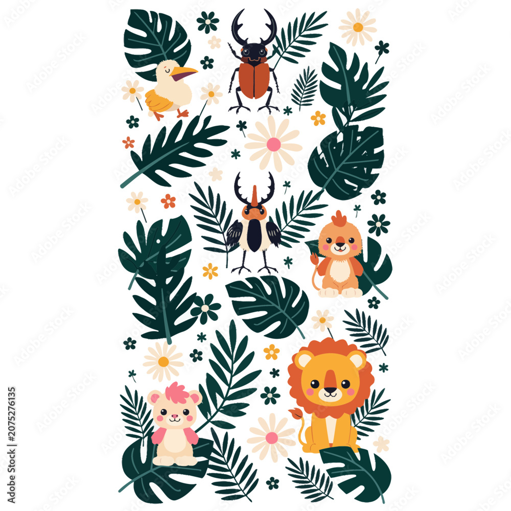 Obraz premium Cute Jungle Animals and Tropical Plants Vector Illustration