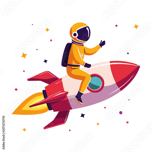 Cartoon astronaut riding a rocket in space