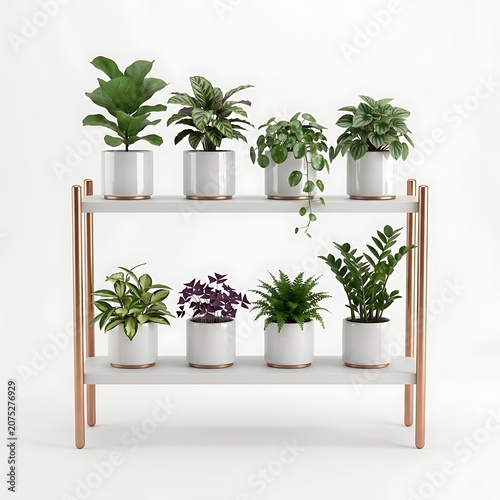 Modern Copper Plant Stand With White Pots Showcasing Various Indoor Houseplants