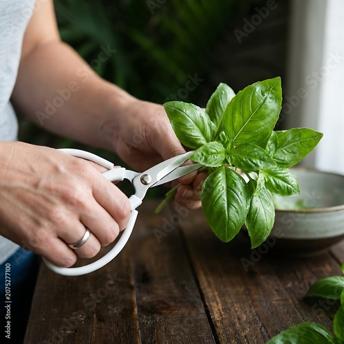 Person Pruning Fresh Basil Leaves With Kitchen Scissors On Wooden Table