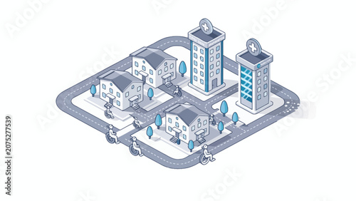 An isometric illustration of a modern medical district with accessible pathways