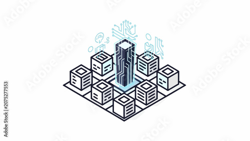 A digital illustration showing a central server tower surrounded by data cubes