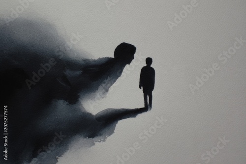 Silhouette man facing giant smoke formed face in empty space