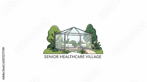 A modern glass structure sits in a peaceful garden setting for elderly care