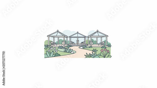 A digital illustration of three small garden structures in a peaceful park setting