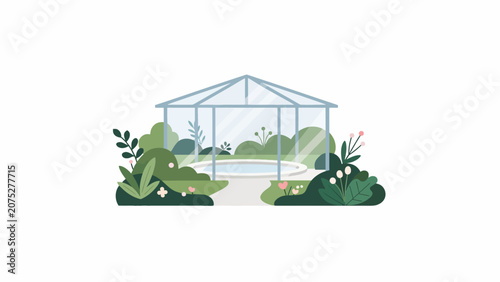 A small glass greenhouse sits in a lush garden with a central water feature