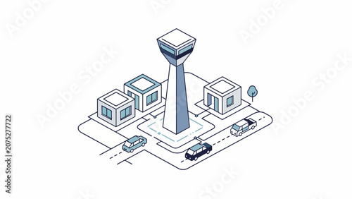 An isometric illustration of a modern control tower and small buildings