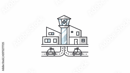 A flat vector illustration of a medical facility with emergency vehicles on the road