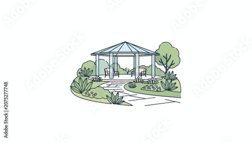 A peaceful garden gazebo sits surrounded by lush green plants and a stone walkway