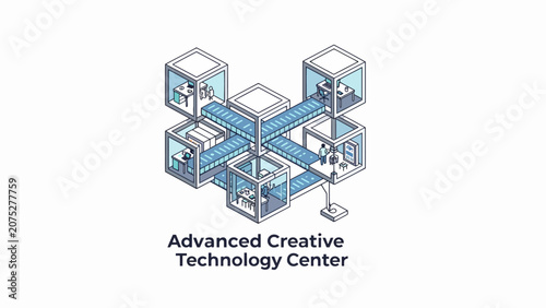 An isometric illustration of a modern modular office workspace complex