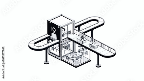 An isometric view of a modular office structure with connected conveyor belt systems