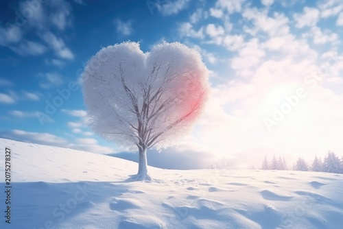 Heart shape tree, snow white scene, hello winter, lonely tree in the snow