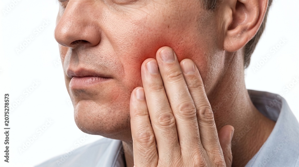 Fototapeta premium Man suffering from severe toothache touching cheek with hand on clean white background.