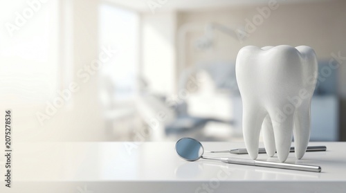 White tooth model placed on medical table with dentist tools in blurry clinic background.
