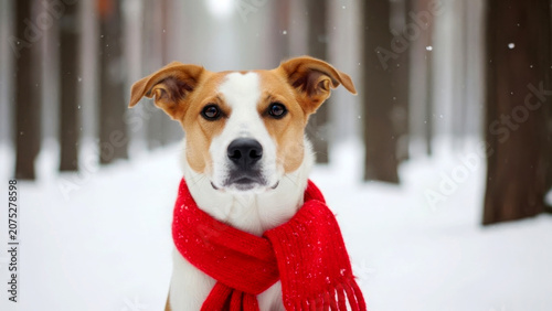 A cute dog wearing a vibrant red knitted scarf stands outdoors in a snowy forest landscape during winter captured in a detailed close up portrait shot