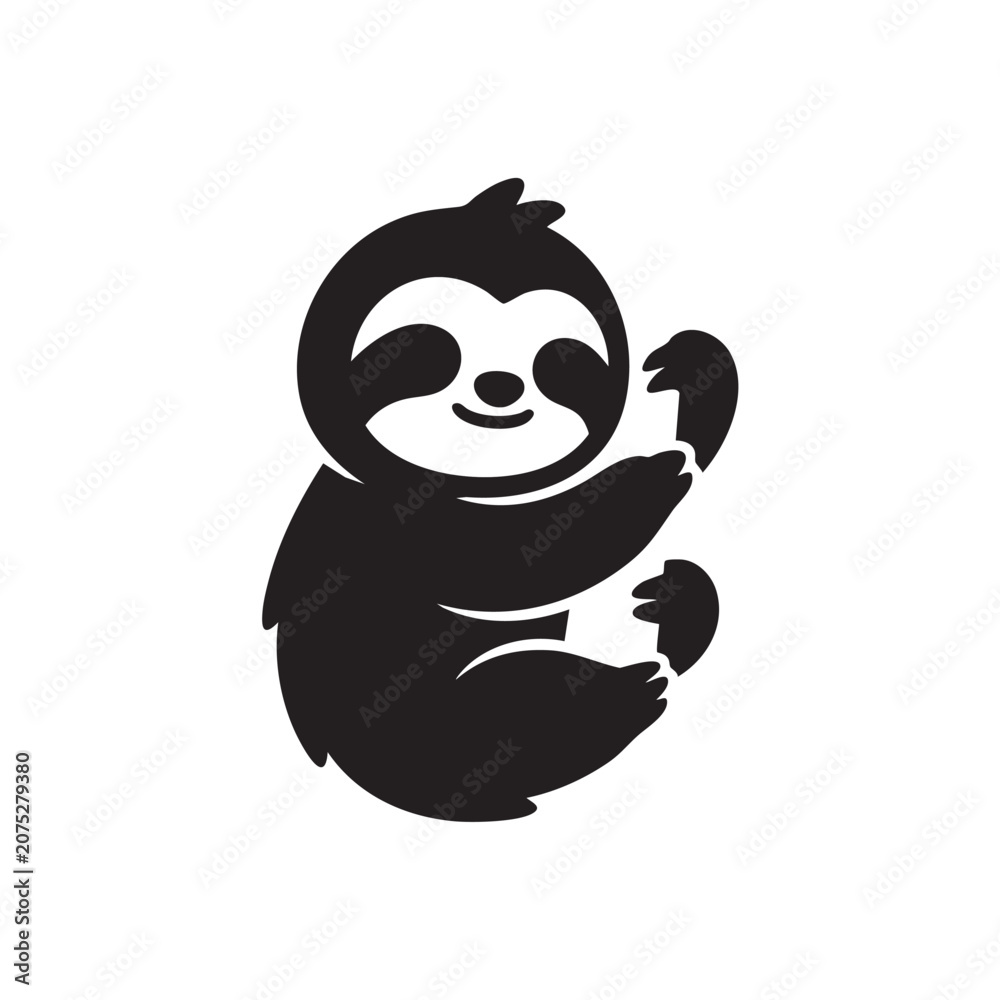 Fototapeta premium Black sloth hanging smiling isolated on white background, Vector, illustration